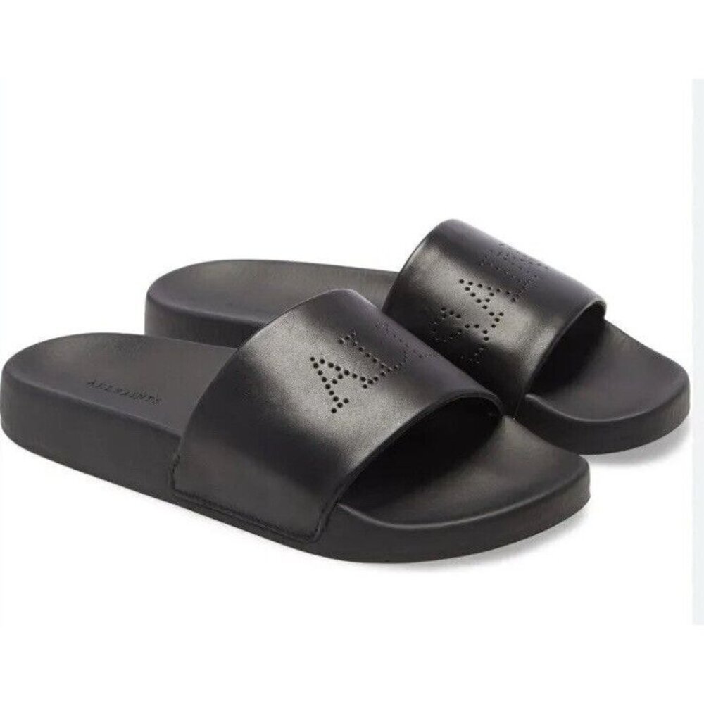All Saints sz 5 sandals Black Leather Slides shoes Designer Luxury Minimalist
